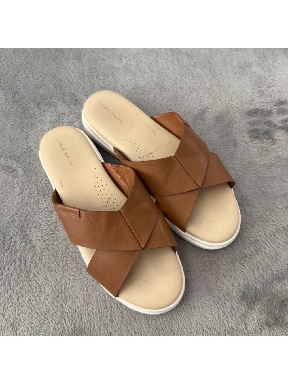 Cole Haan Grandpro Rally Criss Cross Leather Slide Sandals Womens 9.5 Brown Tan